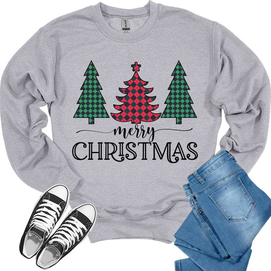 Merry Christmas Sweatshirts for Women Buffalo Plaid Checkered Holidays Crewnecks