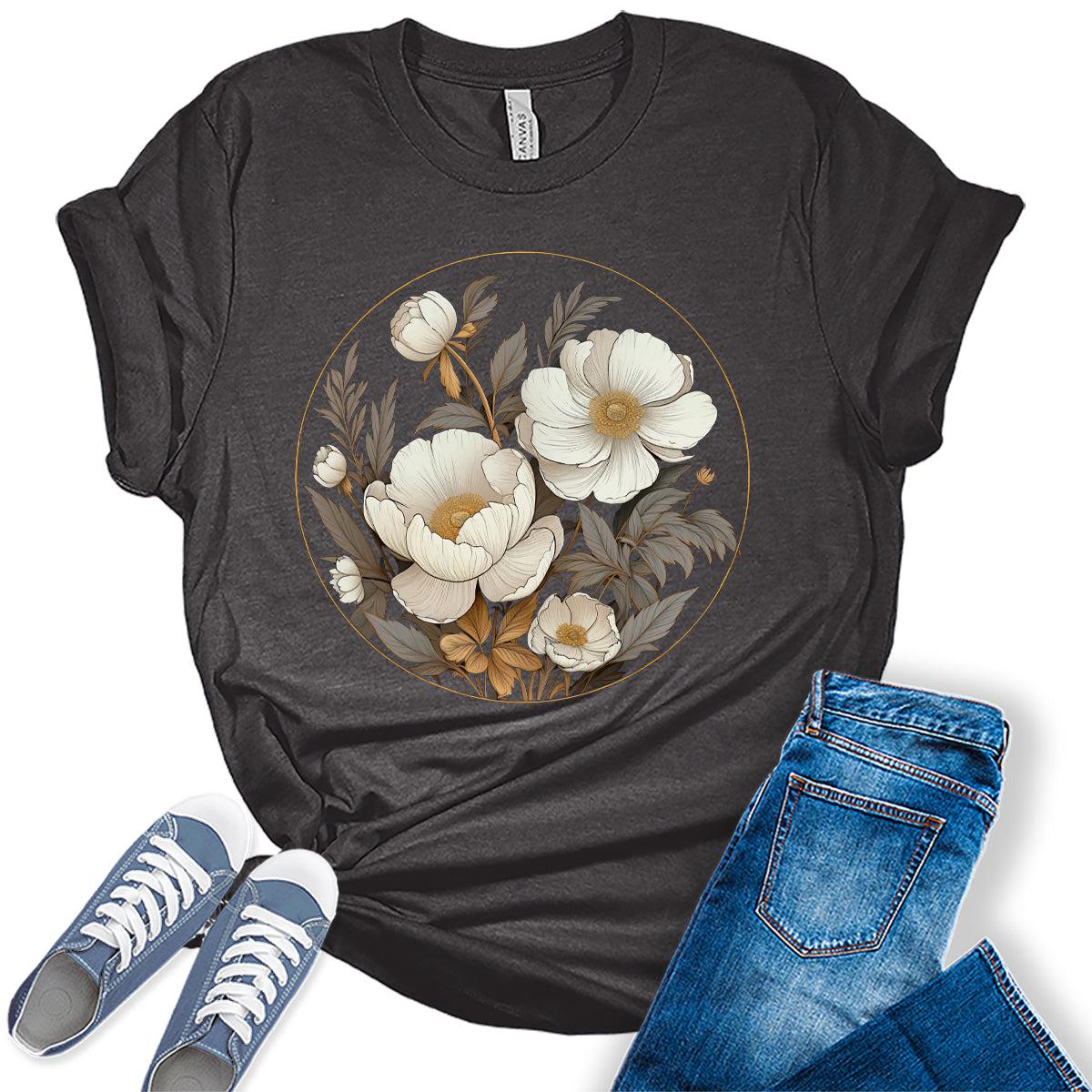 Women's Vintage Flowers Shirt Casual Boho Floral Printed T-Shirt Sunflower Wildflowers Graphic Tees Tops for Girl