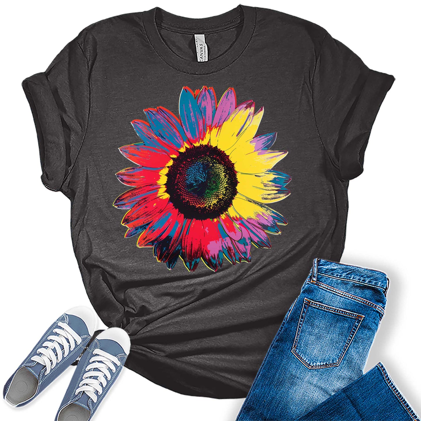 Groovy Sunflower Shirt Trendy Summer Graphic Tees for Women Cute Floral Plus Size Tops