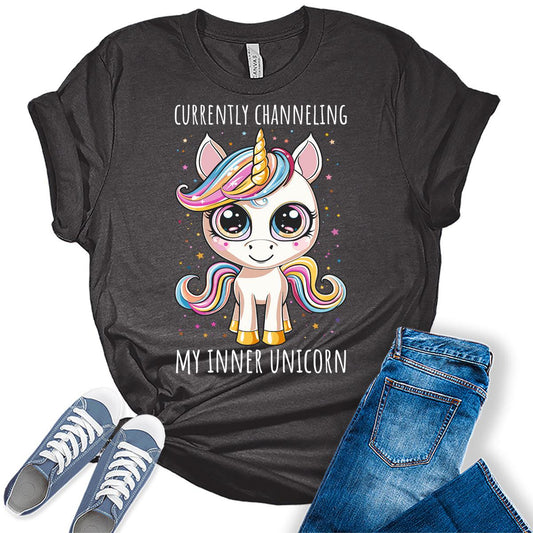 Channeling My Inner Unicorn Shirt Funny Letter Print Trendy Graphic Tees for Women