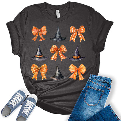 Witch Hat Coquette Halloween Graphic Tees for Women