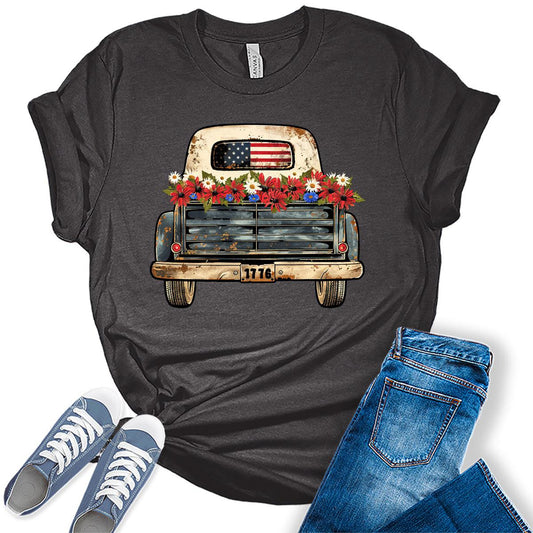 Patriotic Vintage Truck American Flag Graphic Tees for Women
