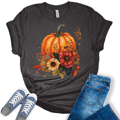 Trendy Fall Pumpkin Flower Graphic Tees For Women