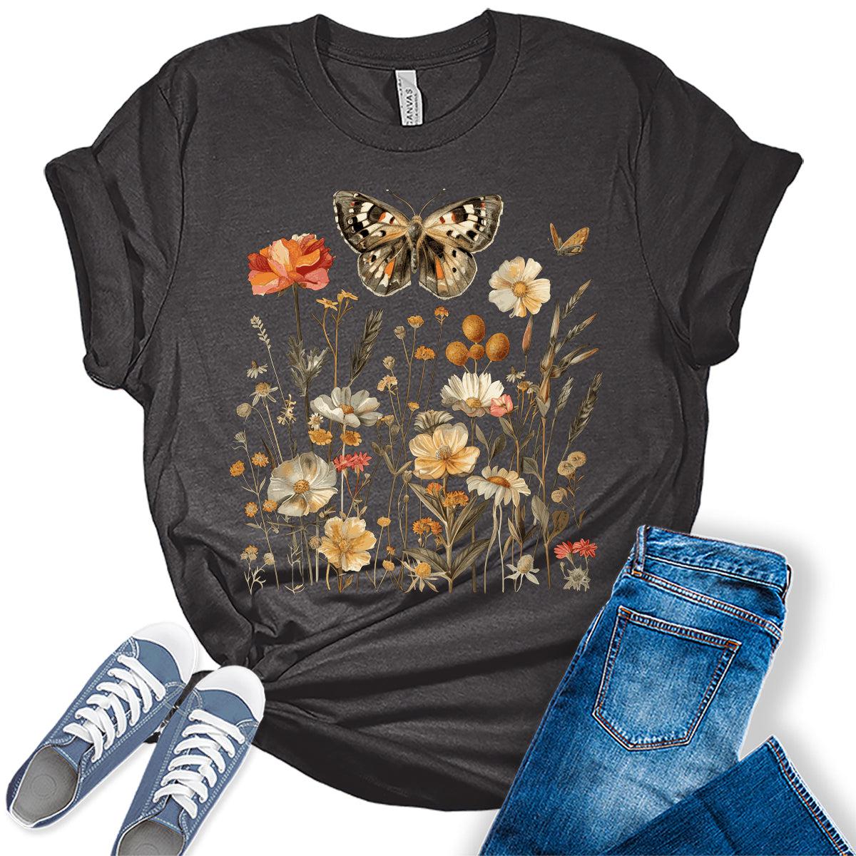 Women's Fall Vintage Floral T Shirt Boho Wildflower Teen Graphic Tees Short Sleeve Casual Tops