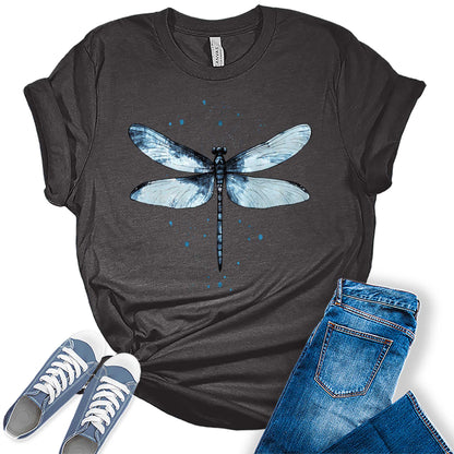 Women's Graphic Tees Casual Summer Vintage Dragonfly Printed Short Sleeve Cute T Shirts Tops