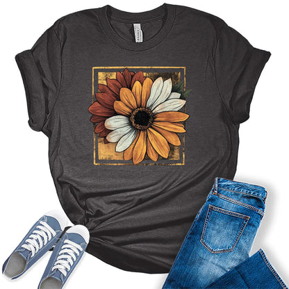 Women's Vintage Sunflower Shirt Fall Graphic Tees Funny Cute Short Sleeve Floral Tops