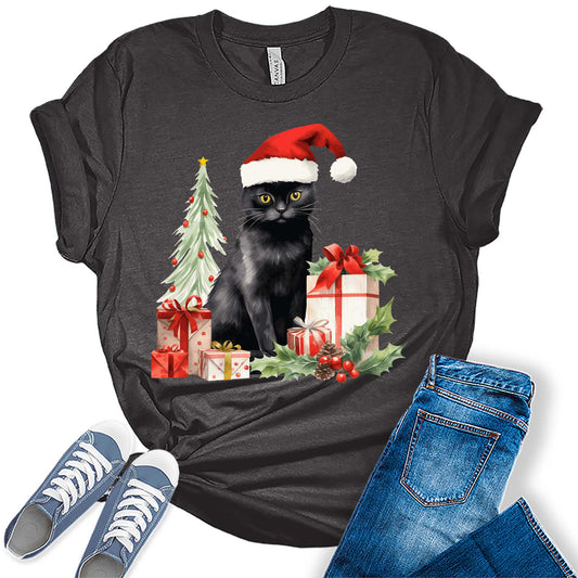 Women's Christmas Cat Wearing Santa Hat Holiday Graphic Tees