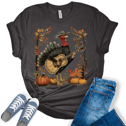 Turkey Playing Guitar Shirt Women Thanksgiving Graphic Tees