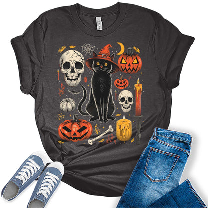 Scary Halloween Witch Cat Pumpkin Graphic Tees For Women