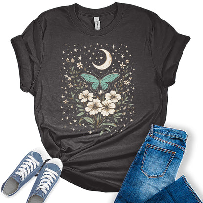 Womens Floral Shirts Flower Vintage Moth Moon Stars Graphic Tees Spring Cottagecore T Shirts Bella Summer Tops