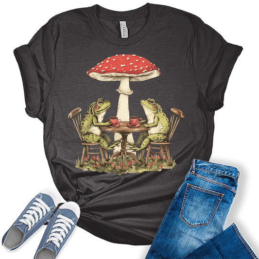 Cottagecore Shirt Frogs Having Tea Mushroom T Shirt Aesthetic Graphic Tees for Women