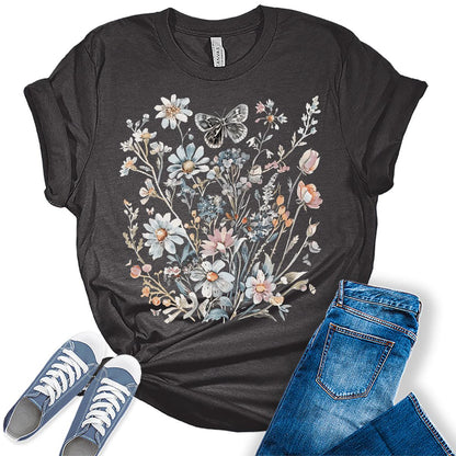 Women's Vintage Wildflower Graphic Short Sleeve Casual Trendy Shirts