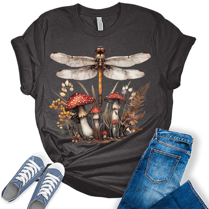 Trendy Dragonfly Summer Mushroom Womens Graphic Tees