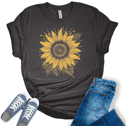 Women's Sunflower Shirts Boho Vintage Casual Summer Graphic Tees Bella Plus Sized Tops