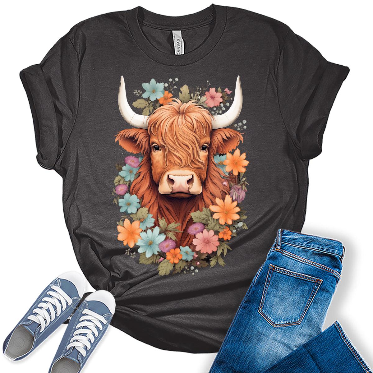 Womens Highland Cow Shirt Cute Western Country Tops Plus Size Summer Graphic Tees