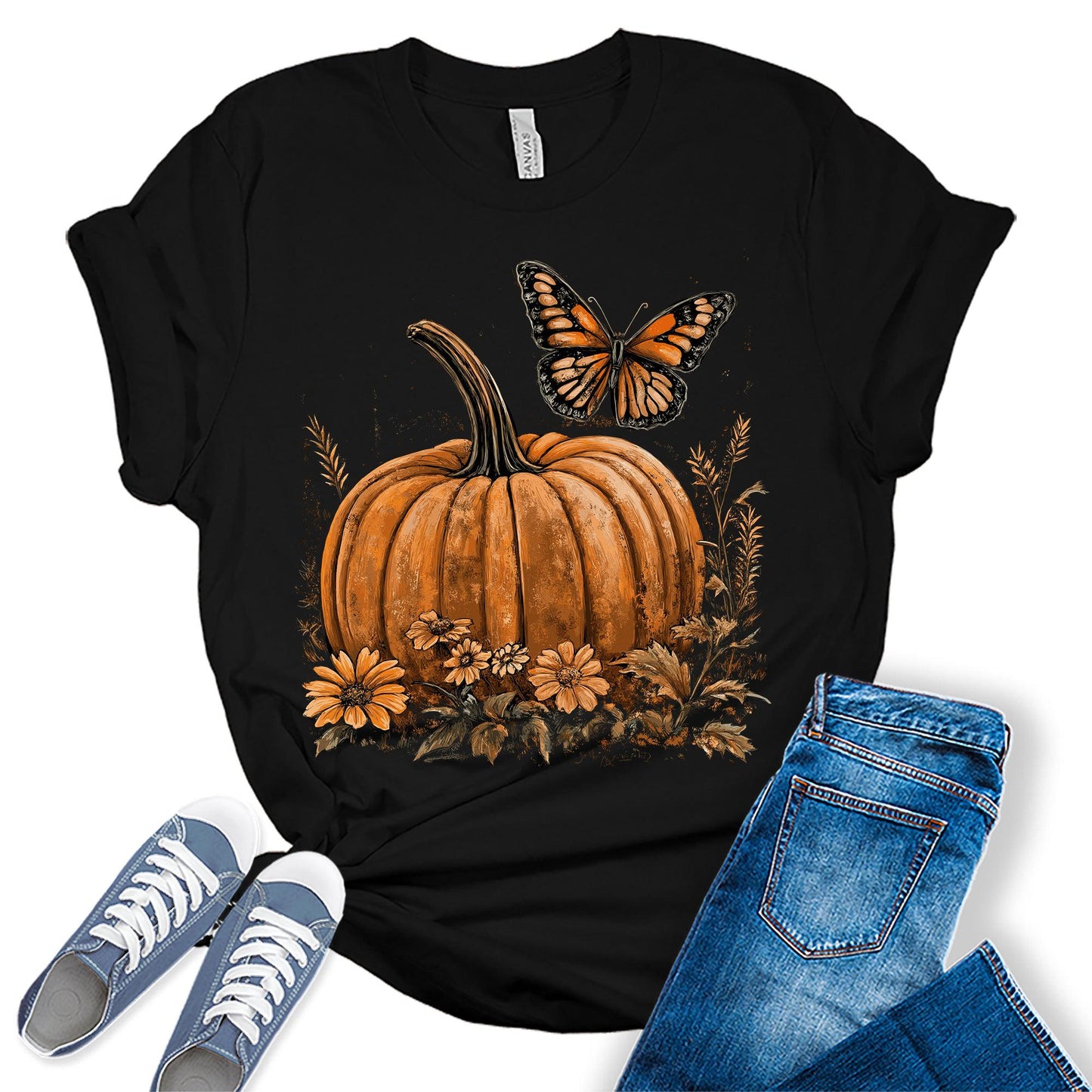 Womens Fall Pumpkin Butterfly Thanksgiving Graphic Tees