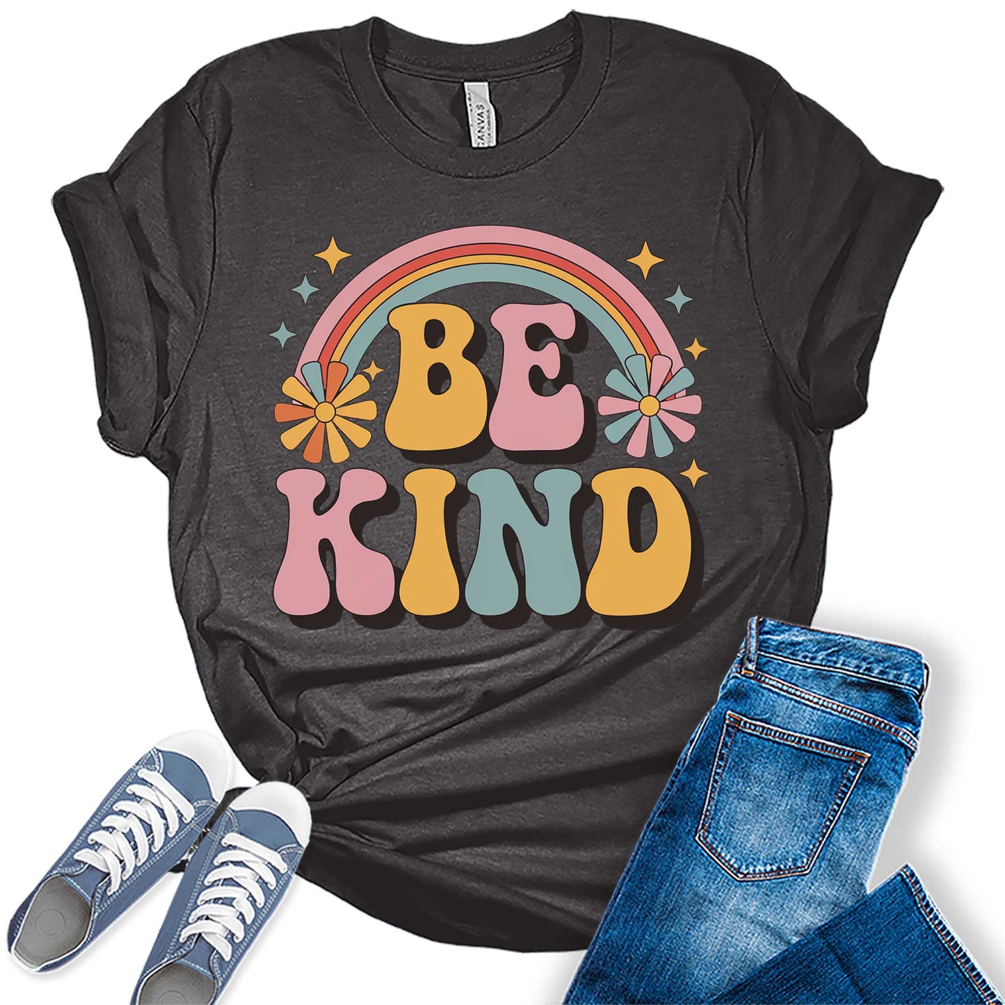 Womens Be Kind Floral Vintage Retro Rainbow Trendy Graphic Tees