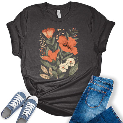 Floral Shirts Vintage Summer Cottagecore Flower Graphic Tee For Women Bella Plus Size Tops