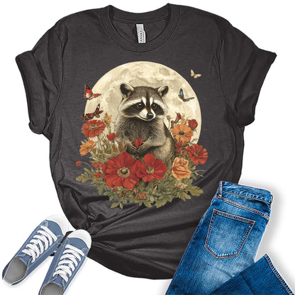 Womens Raccoon Fall Floral Moon Butterflies Graphic Tees