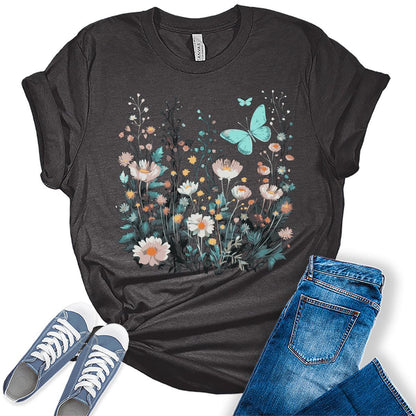 Women's Wildflower Shirt Vintage Butterfly Floral Casual Graphic Tees Bella Plus Sized Tops