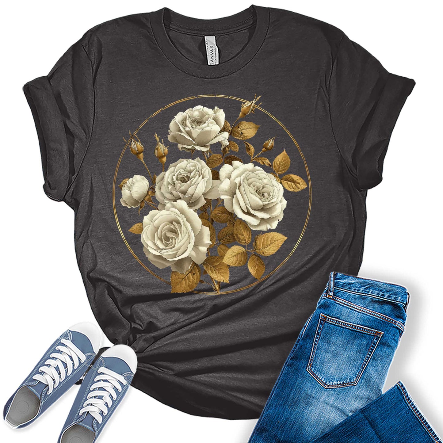 Vintage Roses Floral Circle Graphic Tees for Women