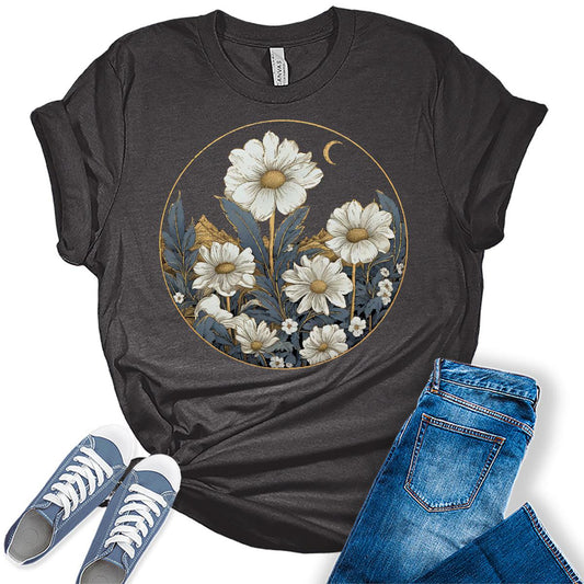 Womens Wildflower Shirts Trendy Vintage Graphic Tees Short Sleeve Summer Tops