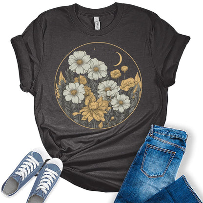 Floral Shirts Womens Graphic Tees Wildflower Vintage Moon Spring Cottagecore T Shirts Bella Summer Tops