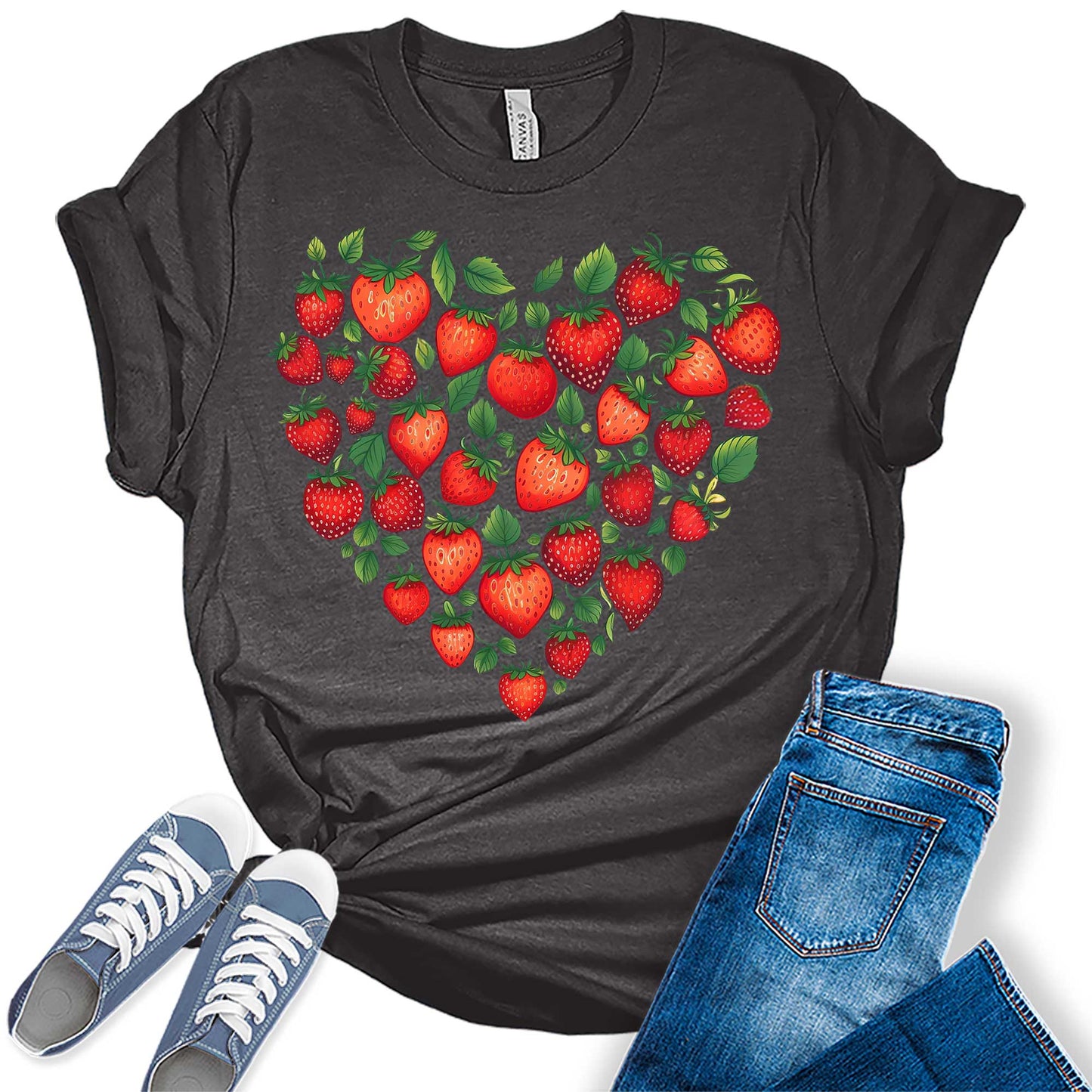 Trendy Strawberry Heart Graphic Tees For Women