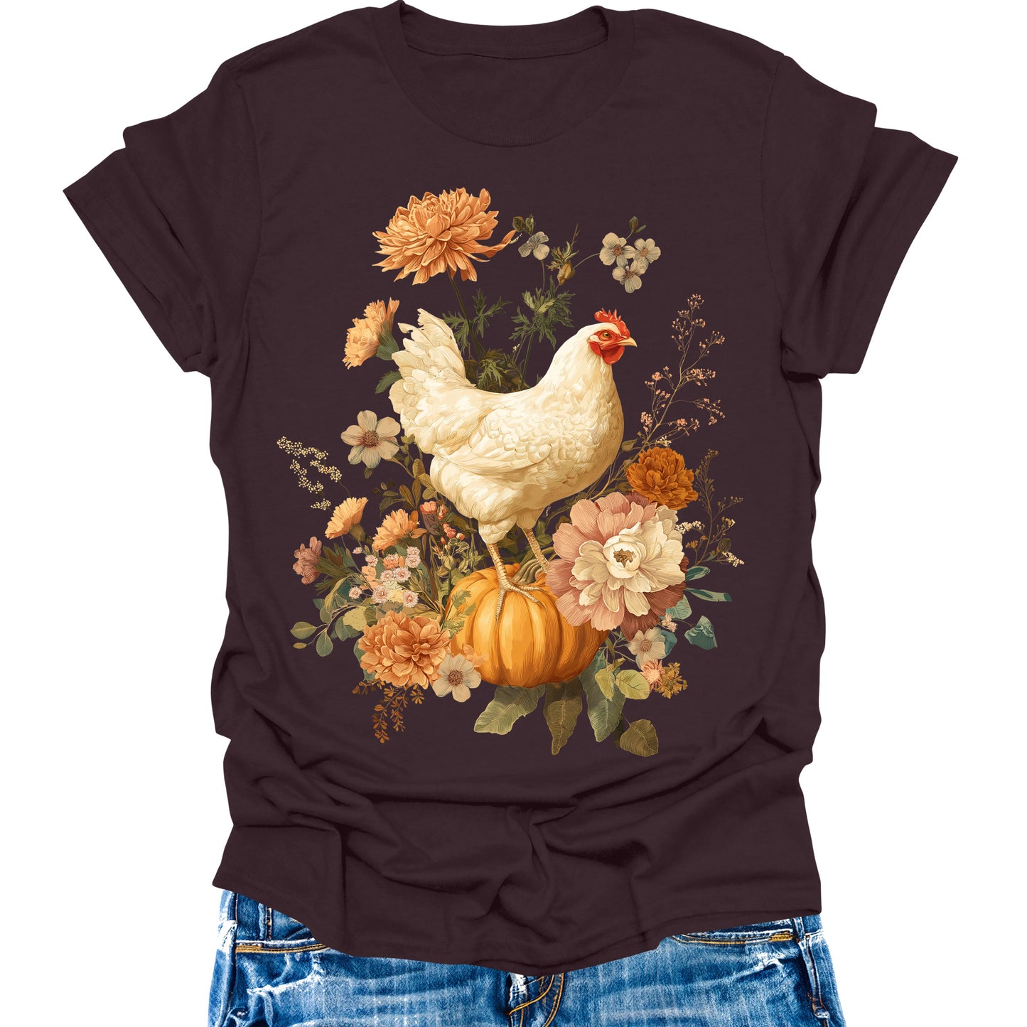 Chicken Shirts Vintage Fall Pumpkin T Shirts Autumn Thanksgiving Womens Graphic Tees Halloween Tops