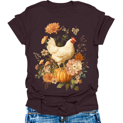 Chicken Shirts Vintage Fall Pumpkin T Shirts Autumn Thanksgiving Womens Graphic Tees Halloween Tops