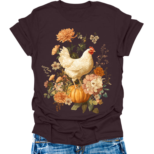 Chicken Shirts Vintage Fall Pumpkin T Shirts Autumn Thanksgiving Womens Graphic Tees Halloween Tops