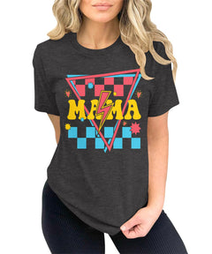 Retro Mama Groovy Checkered Print Lightning Bolt Funny T-Shirt
