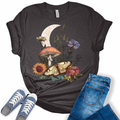Mushroom Shirt Vintage Cottagecore Moon T Shirt Trendy Floral Butterfly Graphic Tees for Women