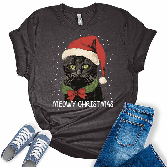 Meowy Christmas Shirts for Women Cute  Cat Tshirt Plus Size Graphic Tees