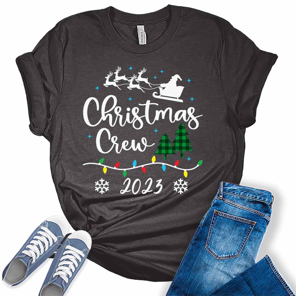 Casual Plaid Crew Neck Christmas Tree Printed Jersey T-Shirt in 2023