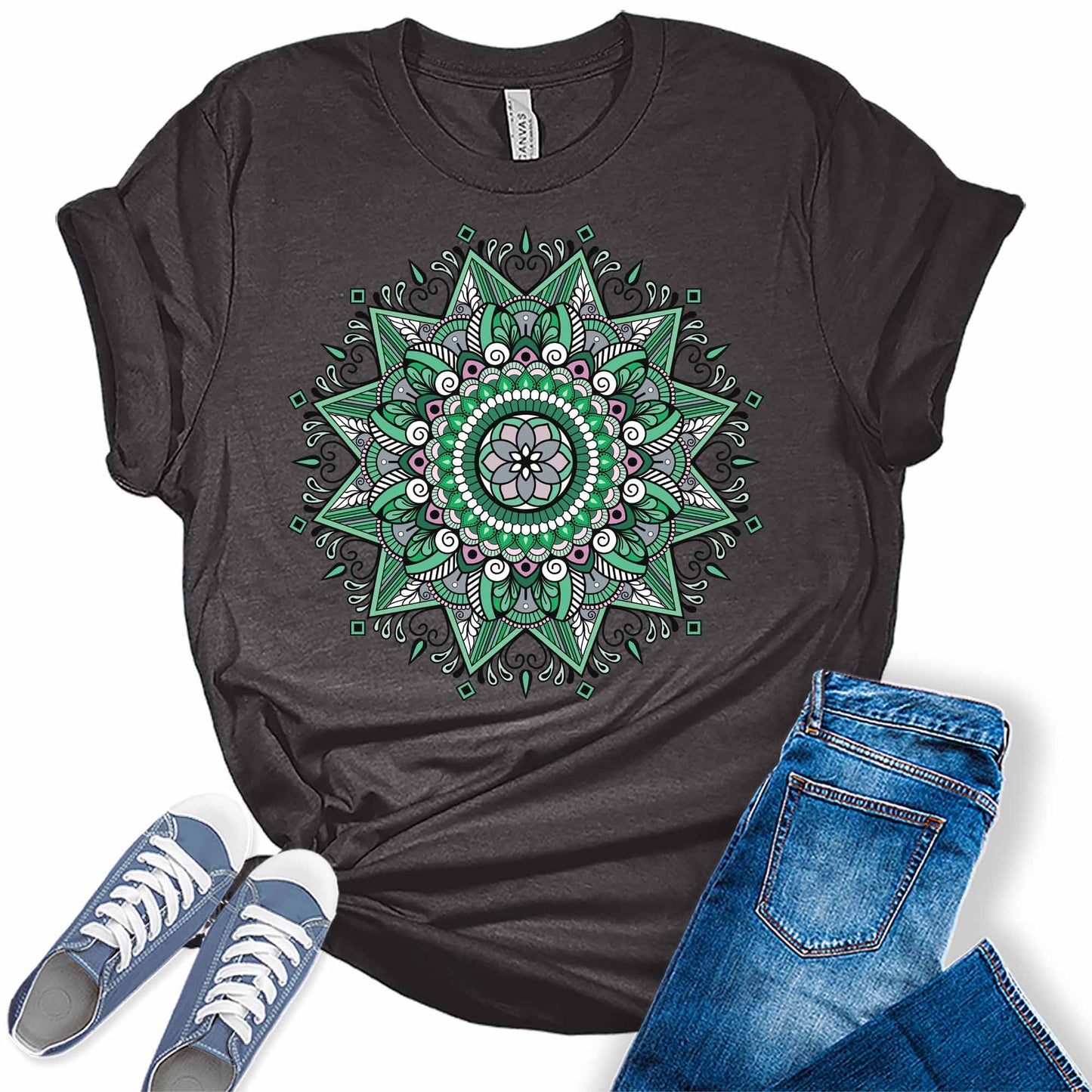 Green Mandala Shirt Casual Vintage Graphic Tees for Women Short Sleeve Plus Size Summer Tops