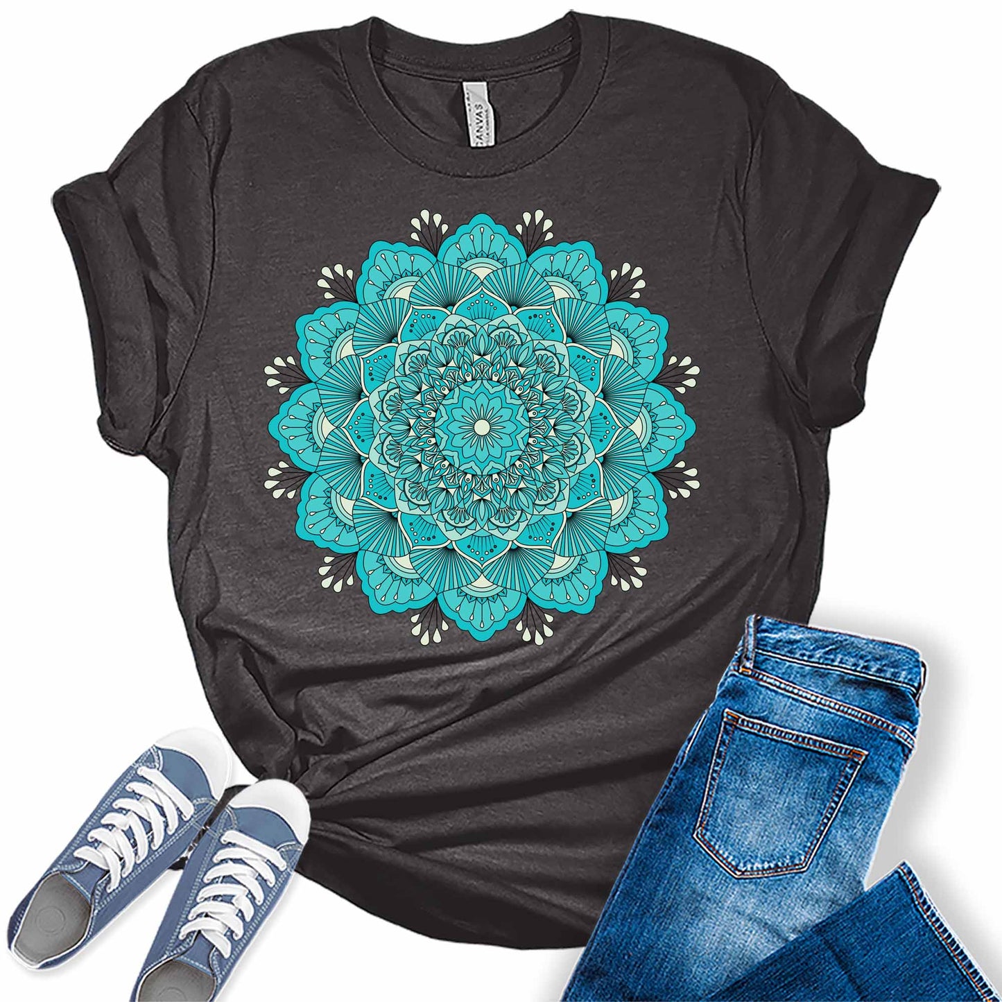 Mandala Shirt Casual Vintage Graphic Tees for Women Short Sleeve Plus Size Teal Summer Tops