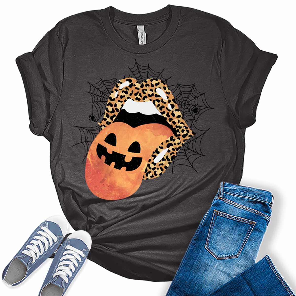 Leopard Lips Pumpkin Tongue Spider Webs Women's Halloween Graphic Tee