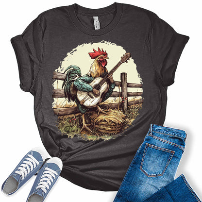 Rooster Playing Guitar Shirt Cottagecore Aesthetic T Shirt Trendy Farm Graphic Tees for Women