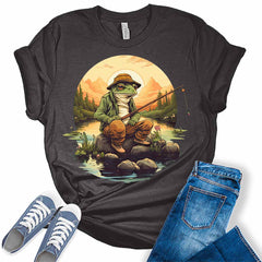 Frog Fishing On A Rock Aesthetic Cottagecore Women's Graphic Tee