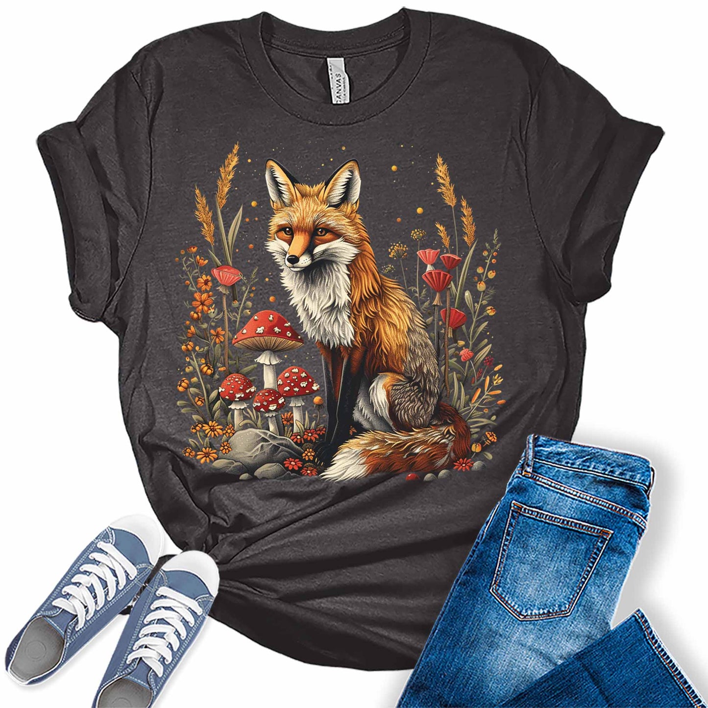 Fox Shirt Mushroom T Shirt Cottagecore Aesthetic Trendy Graphic Tees for Women