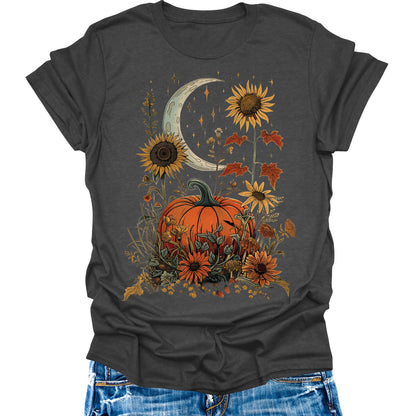 Fall Pumpkin Sunflower Shirts Womens Cottagecore Casual Autumn Thanksgiving Graphic Tees Halloween Tops