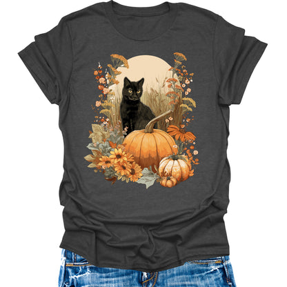 Cat Shirts Vintage Pumpkin Womens Fall T-Shirts Cute Autumn Graphic Tees Thanksgiving Tops