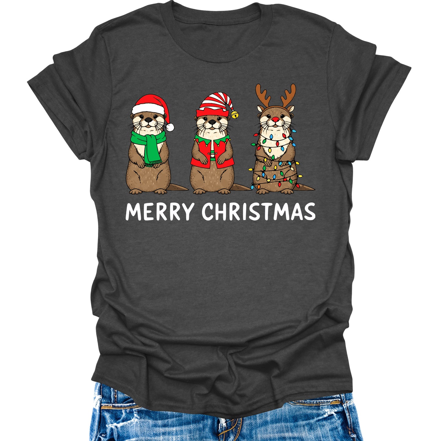 Otter Christmas Shirts For Women Graphic Tees Funny Merry Xmas Casual Short Sleeve Tops