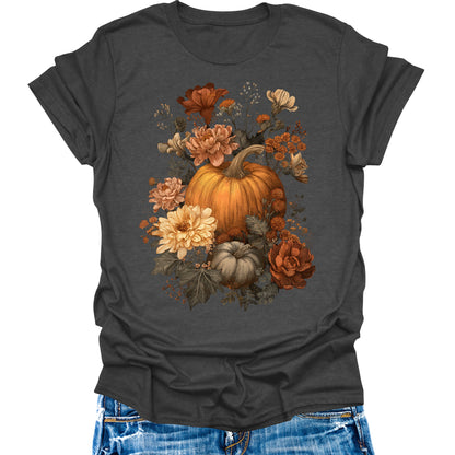 Pumpkin Shirts Vintage Fall Women's Floral Autumn Thanksgiving Graphic Tees