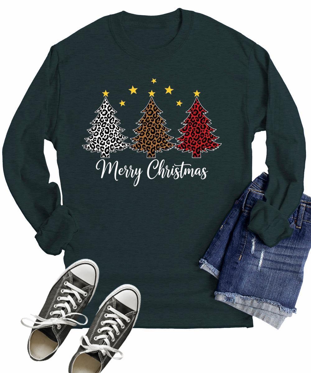 Long Sleeve Christmas Shirts For Women Xmas Merry Christmas Tree T Shirts Leopard Print Plus Size Tops