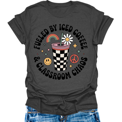 Fueled By Caffeine and Chaos Teacher Shirt Retro Vintage Funny Back to School Graphic Tees Womens Tops