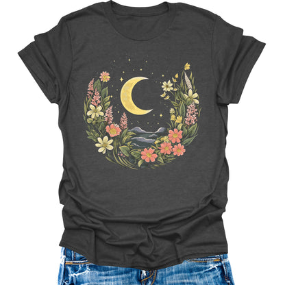 Women's Boho Shirt Wildflower Crescent Moon Vintage Floral Botanical Graphic Tees Short Sleeve Tops