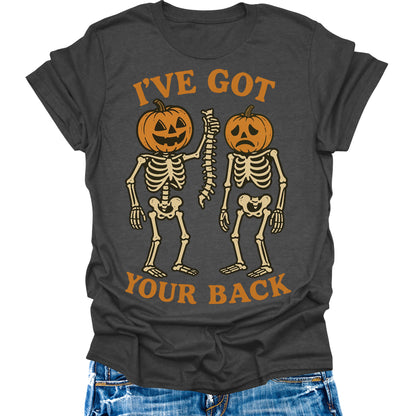 I've Got Your Back T- Shirt Halloween Skeleton Pumpkin Shirts Womens Fall Cute Graphic Tees