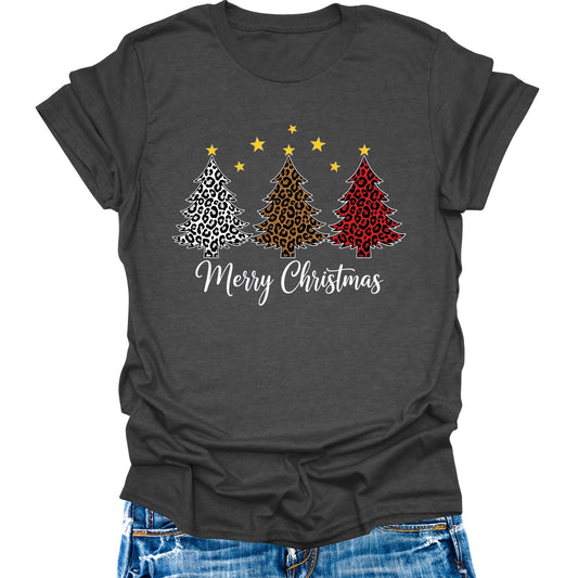 Merry Christmas Shirts For Women Leopard Christmas Tree Graphic Tees Merry Xmas Holiday Tops